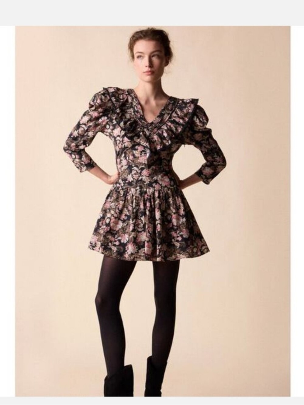 Ruffled V-Neck Floral Mini Dress in Black and Pink